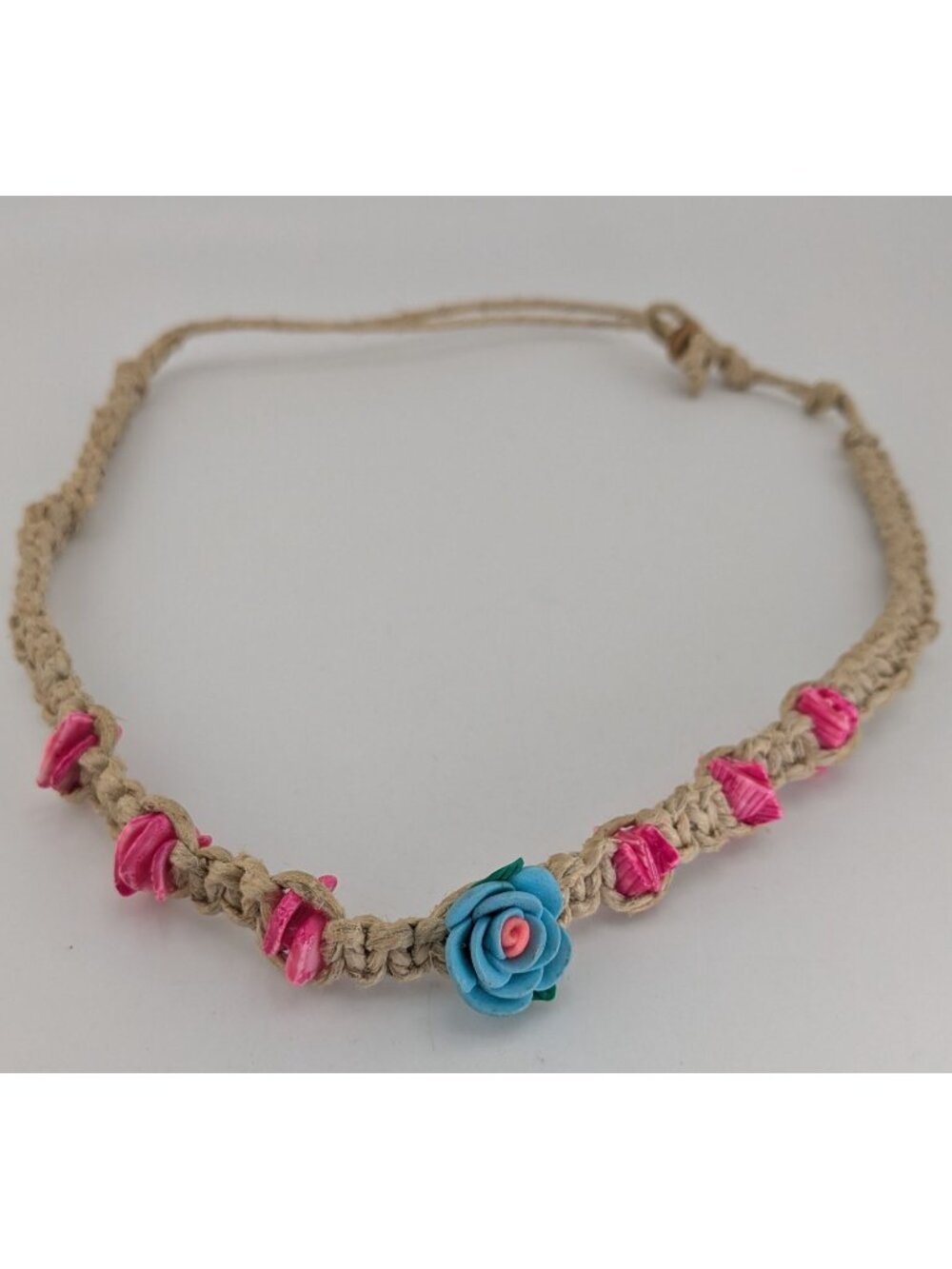 Vintage 90s Boho Fairycore Floral Hemp Wrap Necklace Bracelet Blue Rose